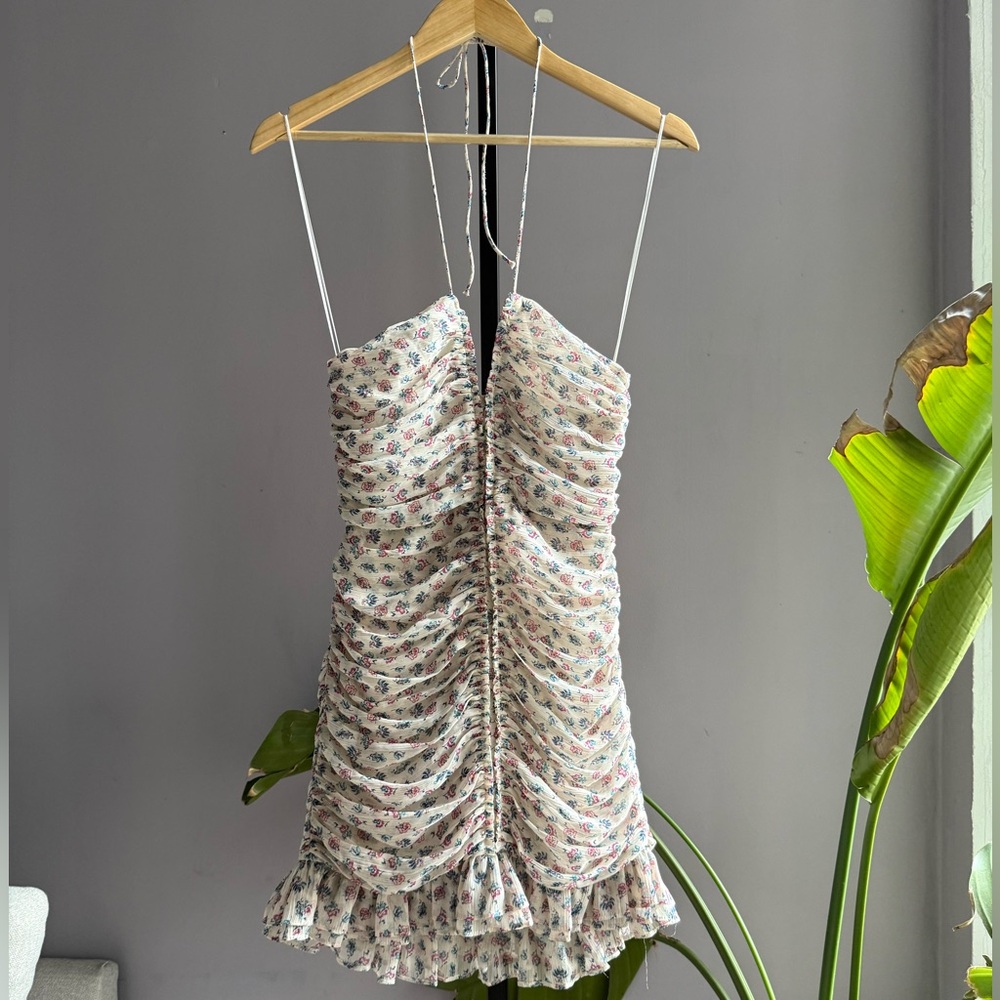 ZARA Metallic Floral Ruched Halter Mini Dress women’s XS NWT - Picture 7 of 15